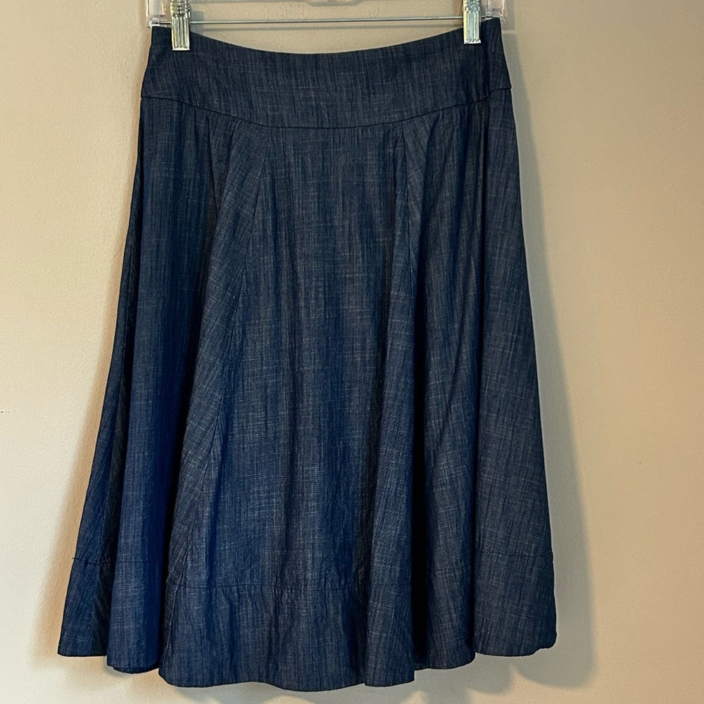 eShakti Chambray A-Line Pleated Midi Skirt | Size S-6 | Classic Denim Look
